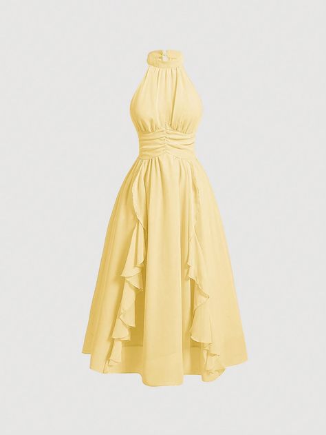 Yellow Elegant Collar Sleeveless Woven Fabric Plain A Line Embellished Non-Stretch  Women Clothing Shein Yellow Dress, 16 Outfits, Cute Yellow Dresses, Sweet 16 Outfits, Summer Board, Yellow Sundress, Yellow Dresses, Pink Summer Dress, Old Fashion Dresses