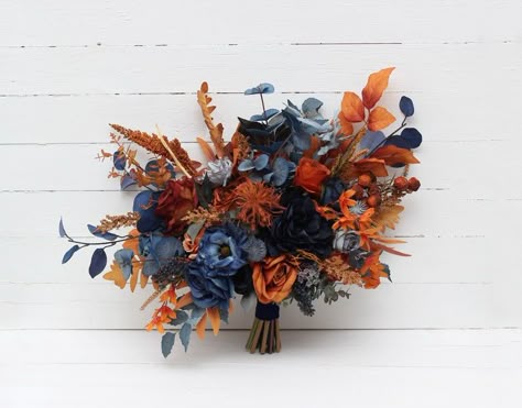 Rust Navy Blue Wedding, Blue Orange Bouquet, Navy Blue Burnt Orange Wedding, Orange And Navy Wedding, Dark Blue Wedding Theme, Navy Blue Wedding Bouquets, Wedding Bouquet Fall, Navy Wedding Bouquet, Navy Blue Bouquet