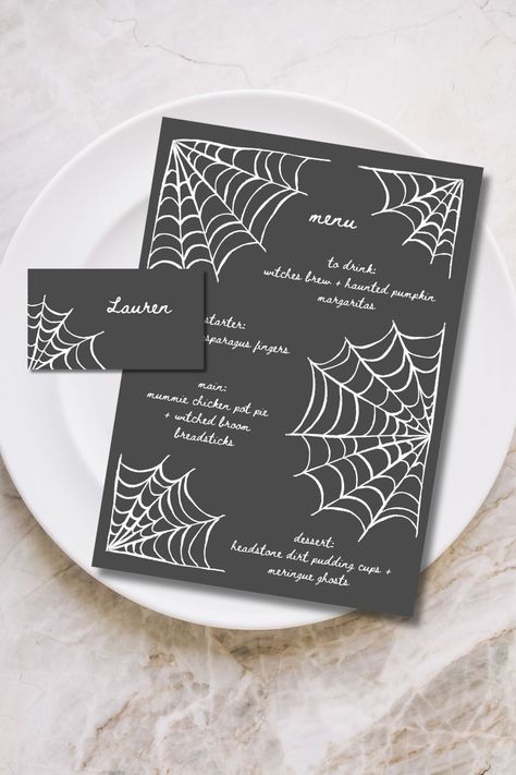 Customizable Spooky Spider Halloween Menu BUNDLE with 4 placecard layout options. These printable templates are perfect for spooky halloween dinner party, or even a costume party! Invite all your besties for a night of scary movies, creepy costumes and all the candy they can eat! #aesthetichalloween #halloweenmenu #halloweendinnerparty #dinnerparty #spookydinnerparty #menutemplate #heykellystudio #printablemenu Halloween Dinner Invitations, Halloween Menu Design, Halloween Night Dinner, Halloween Menu Ideas, Dinner Party Menu Template, Spooky Dinner Party, Halloween Dinner Party Menu, Spooky Halloween Dinner, Gothic Dinner