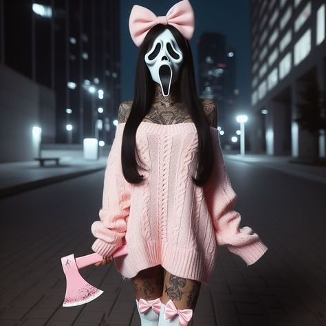 🪓 Pink Ghost Face Costume, Cute Spooky Makeup, Scream Female Costume, Dollskill Halloween Costumes, Scream Women Costume, Womens Cosplay Ideas, Pink Ghostface Costume, Ghost Face Outfit, Female Scream Costume