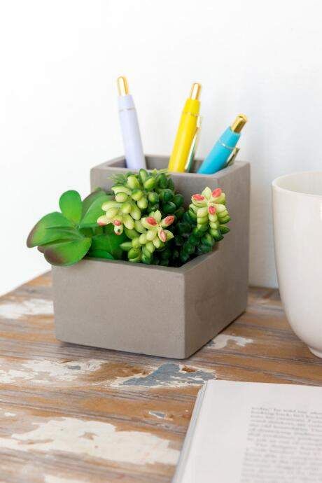 Kikkerland Design Concrete Succulent Pen Holder Small - Gray Office Supplies School Supplies $22 #pens #penholder #stationery #officesupplies #schoolsupplies #succulents #cactus #plants #decor #homedecor #affiliate Pretty Office Supplies, Gray Office, Office Supplies Desk Accessories, Gray Concrete, Plaster Crafts, Succulents Cactus, Cement Planters, Concrete Crafts, Concrete Pots