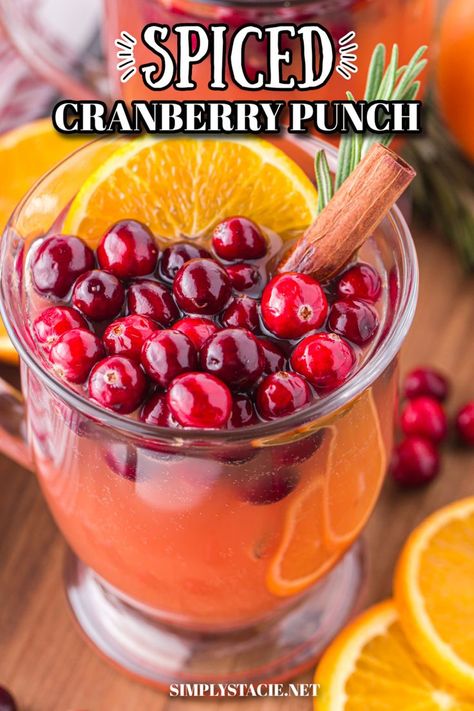 Spiced cranberry punch in a punch glass. Spiced Cranberry Mocktail, Spiced Cranberry Punch, Spiced Christmas Punch, Spiced Cranberry Juice, Thanksgiving Cranberry Punch, Cranberry Orange Punch, Holiday Drinks Alcohol, Cranberry Punch, Creamy Fruit Salads