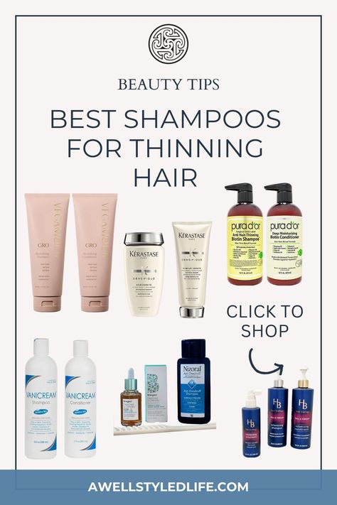 If you are looking for new hair products for thinning hair, look no further. A Well Styled Life share a list of the best shampoos for thinning hair. This products can help your hair look fuller. Follow for more beauty tips and hair style ideas for women over 60. Hair Thinning Remedies Woman Products, Best For Thinning Hair, Top 5 Shampoos For Thinning Hair, Best Products For Thinning Hair, Tips For Thinning Hair Women, Shampoo And Conditioner For Thinning Hair, Help For Thinning Hair For Women, Products For Thinning Hair For Women, Best Shampoo And Conditioner For Thinning Hair