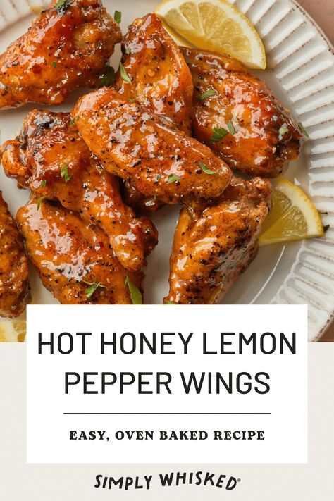 Move over buffalo, we've got a new chicken wing sauce in town. These hot honey lemon pepper chicken wings are baked until crispy and topped with a homemade hot honey sauce that takes these wings to the next level, adding a delightfully sweet and zesty kick to every bite. Healthy Wing Recipes, Honey Lemon Pepper Wings Air Fryer, Boneless Wing Sauce Recipes, Best Way To Cook Wings, Honey Lemon Pepper Chicken Wings Recipe, Easy Chicken Wing Marinade, Lemon Pepper Hot Wings, Hot Lemon Pepper Sauce, Spicy Lemon Pepper Wings