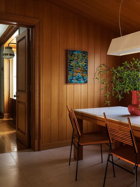 Redwood Walls Interior, Wood Panel Walls Kitchen, Wood Panel Dining Room, Wood Panel Office, Vertical Wood Paneling, 70s Farmhouse, Connecticut Farmhouse, Mcm Farmhouse, 1800s Farmhouse