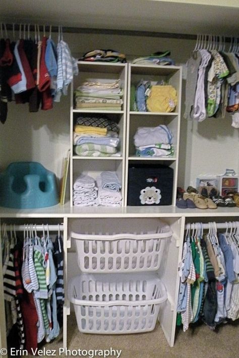 Try laundry baskets to help organize and add storage to a closet like Around the Farmhouse Table did for this baby nursery! Closet Organizing Hacks and Tips. Home Improvement and Spring Cleaning Ideas for your Nest. Ideas on Frugal Coupon Living. Birds Decor, Closet Diy, Yellow Birds, Kids Closet Organization, Baby Closet, Kid Closet, Diy Closet, Boy's Bedroom, Organizing Your Home