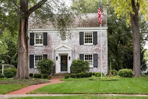 White Brick Georgian Colonial House With Flagpole Stock Photo - Image of landscaped, outside: 77574772 Brick Colonial House Exterior, Small Colonial House, Georgian Colonial House, Brick Colonial House, Colonial House Exterior, Brick House Exterior Makeover, Small Colonial, Brick Colonial, Georgian Colonial