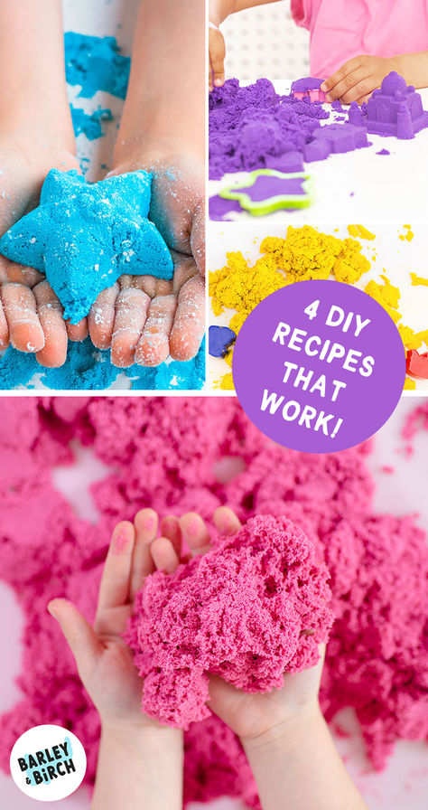 Our DIY moon sand molded into different shapes for a kids summer sensory play activity Diy Sensory Sand, Moon Sand Diy, Sand Diy Crafts, Dough For Kids To Play With, Moon Sand Sensory Bin, Edible Kinetic Sand Recipe, Playfoam Pluffle Diy, Edible Sand Sensory Play, Moon Sand Recipe 2 Ingredients