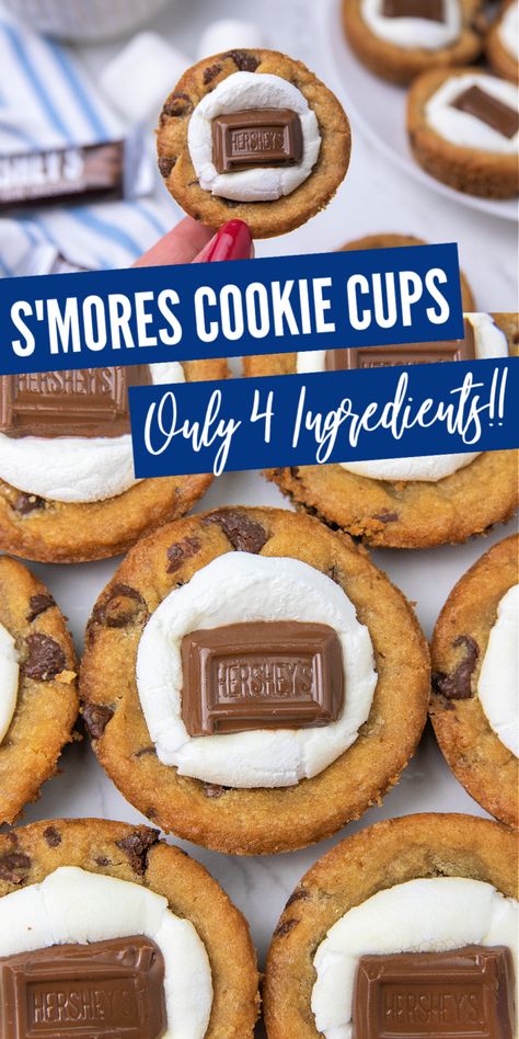 Gooey Smores Cookie Muffins, Smores Cookies With Graham Crackers, Summer Camping Desserts, Easy S’mores Dessert, S’more Cookie Cups, S'mores Cups, Desserts To Take Camping, S’mores Cookies Easy, Easy Camp Desserts