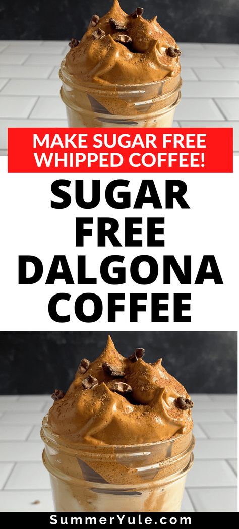 Can you make sugar free dalgona coffee? You bet! This sugar free whipped coffee recipe is easy to make, keto, low carb, and vegan too! You’ll love this dalgona coffee without sugar for a quick and (semi) healthy dessert. Low calorie dalgona coffee for weight loss will satisfy your sweet cravings, and you can even make it caffeine free. You only need 3 ingredients to make the best keto whipped coffee! #keto #lowcarb #vegan #lowcalorie #glutenfree #nosugar #sugarfree Healthy Whipped Coffee, Keto Dalgona Coffee Recipes, Keto Whipped Coffee, Sugar Free Coffee Recipes, Sugar Free Coffee Drinks, Low Calorie Coffee Drinks At Home, Low Cal Coffee, Sugar Free Iced Coffee, Keto Coffee Recipes