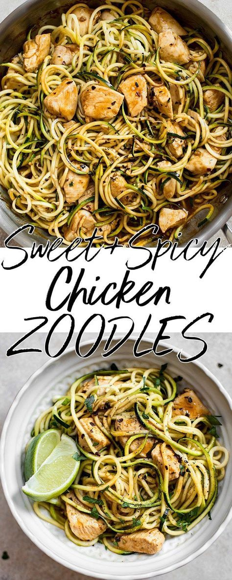 Healthyish Dinner, Chicken Zoodles, Low Carb Healthy, Sweet And Spicy Chicken, Zoodle Recipes, Top Chicken Recipes, Quick Healthy Dinner, Veggie Noodles, Spiralizer Recipes