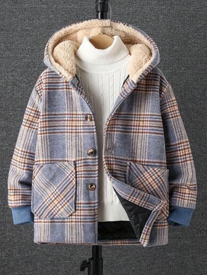 Shein Kids, Hooded Trench Coat, Boy Outerwear, Boys And Girls Clothes, Boys Plaid, Boys Fleece, Fleece Coat, Boys Long Sleeve, Hooded Coat