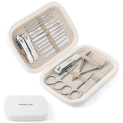 Amazon.com : HEMOUR Manicure Set Nail Clipper Set - 18 in 1 Stainless Steel Professional Grooming Manicure Kit, Grooming Tools for Men and Women with Luxury Travel Case(White) : Beauty & Personal Care Nail Care Set, Nail Art Tool Kit, Nail Care Kit, Airplane Travel Essentials, Airplane Travel, Manicure Kit, Clean Nails, Manicure Set, Grooming Kit