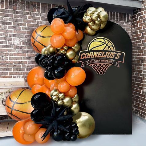 PRICES MAY VARY. WIDE APPLICATION: Our basketball balloons arch kit uses orange, black and gold metallic balloons to add a creative touch to your party. You can DIY this basketball balloon garland for baby shower, celebration, basketball birthday party decorations. It's also perfect for school sporting events and community basketball games to add a decorative touch that will resonate with sports enthusiasts. PACKAGE INCLUDES: Total are 117pcs, they include vivid orange, black, and gold metallic Basketball Theme Backdrop, Basketball Birthday Party Decorations Balloon Arch, Lebron Birthday Party, Basketball Theme Party Ideas, Nba Birthday Theme, Sports Balloon Garland, Kobe Birthday Theme, Basketball Balloon Garland, Basketball Balloon Arch