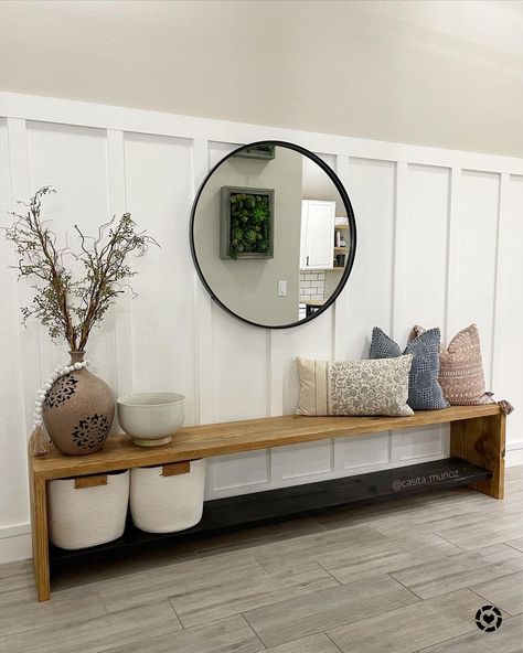 Hallway Bench And Console Table, Long Benches Entryway, Entryway Table And Hooks, Decorative Benches Entryway, Bench Vs Console Table Entryway, Inside Bench Ideas, Bench In Front Of Stair Railing, Back Door Bench Ideas, Front Door Bench And Hooks