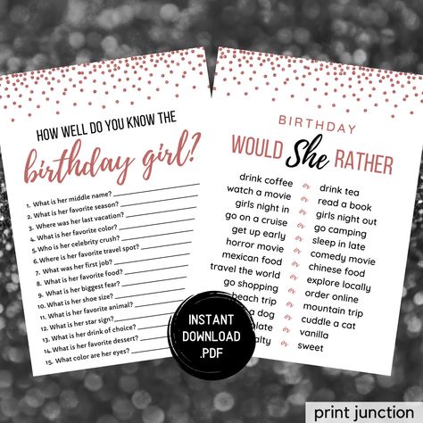 Who Knows The Birthday Girl Best, Birthday Quizzes, 30th Birthday Party Games, 30th Birthday Games, Printable Birthday Games, Birthday Quiz, Teen Sleepover, Spa Girl, Would She Rather