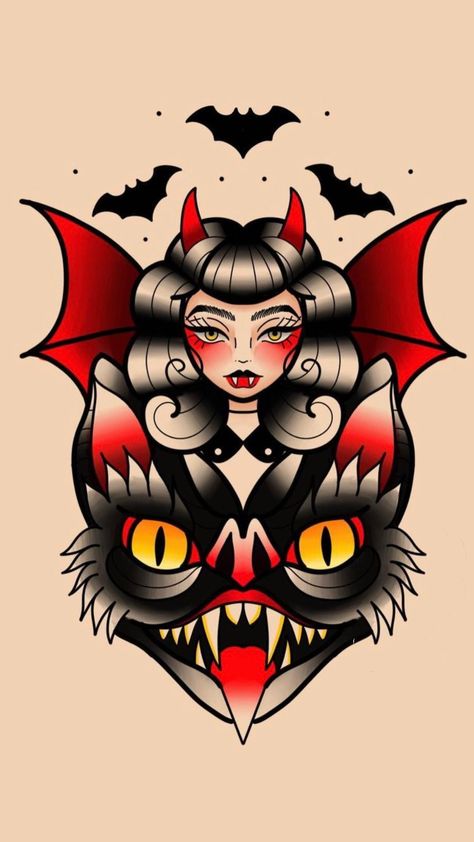 Spooky Western Tattoo, American Traditional Tattoos Cute, Halloween Traditional Tattoo Flash, Neon Traditional Tattoo, Traditional Goth Tattoo, American Traditional Horror, Traditional Witch Tattoo, Halloween Traditional Tattoo, Vintage Halloween Tattoos