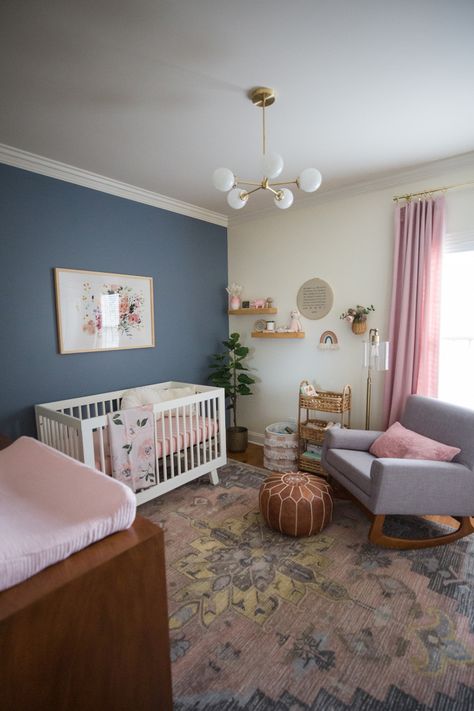 Baby Girl Room Color Ideas, Non Girly Nursery, Jewel Tone Nursery Girl, Blue And Pink Nursery Girl, Colorful Baby Girl Nursery, Blue Girl Nursery Ideas, Baby Nursery Ideas Colorful, Peach Playroom, Girl Nursery Colorful