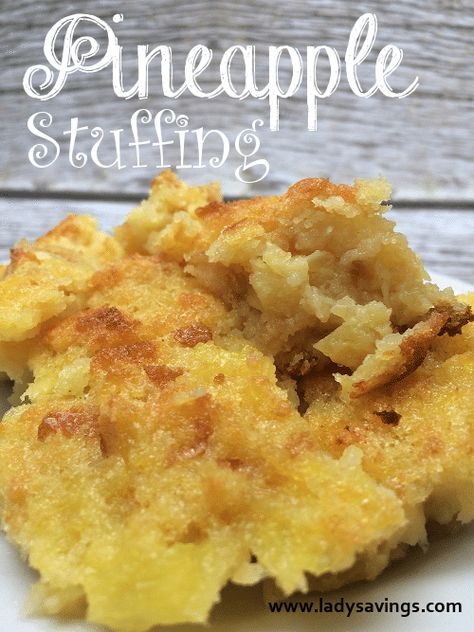 Pineapple Stuffing Recipe Here is a Pineapple Stuffing Recipe that my mother-in-law has made for years and passed down to me.  I’m usually in charge of making this and taking it to Thanksgiving Dinner!  It’s Super easy to make (that’s why they have me do it – haha) and I think it’s delicious  Coupons powered […] Pineapple Stuffing Recipe, Pineapple Stuffing, Baked Pineapple, Pineapple Recipes, 5 Ingredient Recipes, Stuffing Recipes, Easter Recipes, Side Dish Recipes, Thanksgiving Recipes