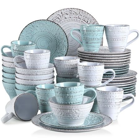 About us 1. vancasso Dinnerware Tableware Set, Series VINE, 48-Piece Dinner Set with 12-Piece Dinner Plate, 12-Piece Dessert Plate, 12-Piece Cereal Bowl and 12-Piece Mug 2. Goes Perfectly with Family Everyday Use, and Has Excellent Use at Any Family Get- together, Restaurant, Formal Banquet. 3. Whether it's exotic Japanese dinner set, colorful combination set, exquisite coffee set, delicate dessert bowls with wooden board, or modern crockery service in noble white, Every piece is an individual w Dinnerware Sets For 12, Full Course Meal, Crockery Set, Japanese Dinner, Blue Dinnerware, Stoneware Dinnerware Sets, Stoneware Dinnerware, Dinner Service, Plated Desserts