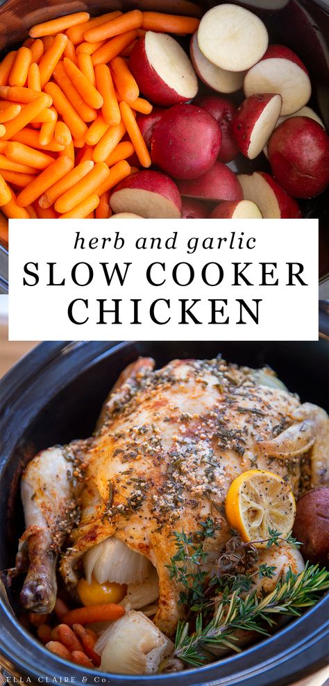 slow cooker whole chicken cooked with potatoes and carrots, topped with herbs and garlic Slow Cooker Whole Chicken And Potatoes, Whole Chicken In The Crockpot Soup, Chicken Roast In Crockpot, Crockpot Dinner For Family, Roast Chicken Recipes Crockpot Slow Cooker, Whole Roasted Chicken Recipes Crock Pots, Whole Chicken In The Crockpot With Potatoes, Chicken Carrot Crockpot Recipes, Crockpot Hen Recipe