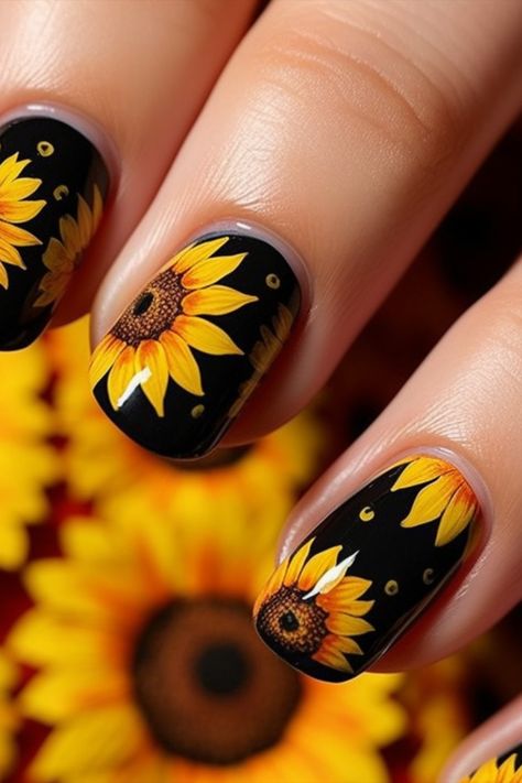 Sun-soaked Elegance: Try Sunflower Nail Styles Fall Nail Sunflower, Sunflower Gel Nails Ideas, Sun Flower Nail Art Designs, Black Nails Sunflower, Sun Flower Nails Ideas, How To Do Sunflower Nail Art, Square Sunflower Nails, Nail Ideas With Sunflowers, Sunflower Nail Designs Acrylic