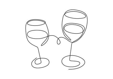 Continuous one line drawing. Cheering with glasses of wine or champagne. Minimalism sketch hand drawn isolated on white background. Simplicity line art abstract style. Wine Line Art, Art Abstrait Ligne, Line Animation, Continuous Line Art, Line Art Abstract, Glasses Of Wine, Cute Small Tattoos, Wine Signs, Continuous Line Drawing