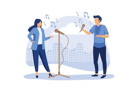 Musicians man and woman, singing together duo raster. Female and male performers holding microphones, entertainment concert. Blonde and brunette vocalists flat vector illustration Singer Illustration, Musician Illustration, Singing Together, Blonde And Brunette, Woman Singing, Flat Vector Illustration, Female Cartoon, Vector Free Download, Flat Vector