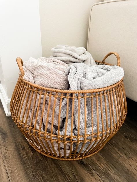 Basket, target, wood, blankets, neutral Woven Basket With Blankets, Boho Blanket Basket, Woven Room Decor, Wicker Basket Blanket Storage, Wicker Basket For Blankets, Cute Blanket Basket, Basket For Blankets Bedrooms, Blanket Basket Bedroom Ideas, Woven Blanket Basket