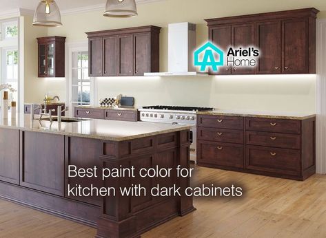 Kitchen Paint Colors With Darker Cabinets, Dark Cabinets Kitchen Paint, Neutral Kitchen Dark Cabinets, Painting Brown Kitchen Cabinets, Kitchen Paint With Dark Wood Cabinets, What Color Flooring With Dark Cabinets, Bright Kitchens With Dark Cabinets, Paint Colors For Dark Cabinets Kitchens, Kitchen Wall Colors With Brown Cabinets Paint Colours