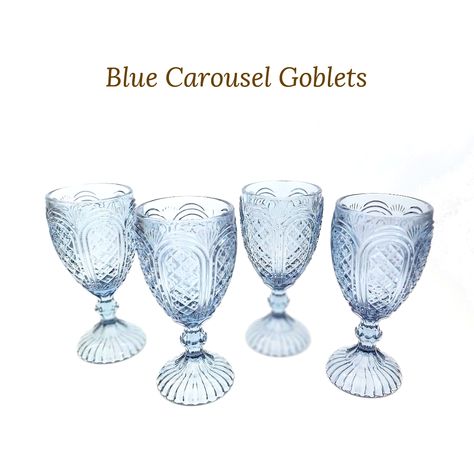 Goblet rentals by Delicate Dishes — Delicate Dishes Blue Glass Goblets, Blue Water Goblets Wedding, Blue Goblets Wedding, Pink Goblets, Blue Water Goblets, Blue Carousel, Colored Goblets, Amber Goblets, Green Goblets