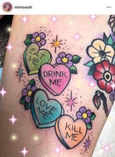 Cute Cupcake Tattoo, Traditional Candy Heart Tattoo, Sweetheart Candy Tattoo, Conversation Heart Tattoo, Valentines Tattoo Designs, Kawaii Tattoo Sleeve, Candy Hearts Tattoo, Candy Heart Tattoo, Cutesy Tattoos