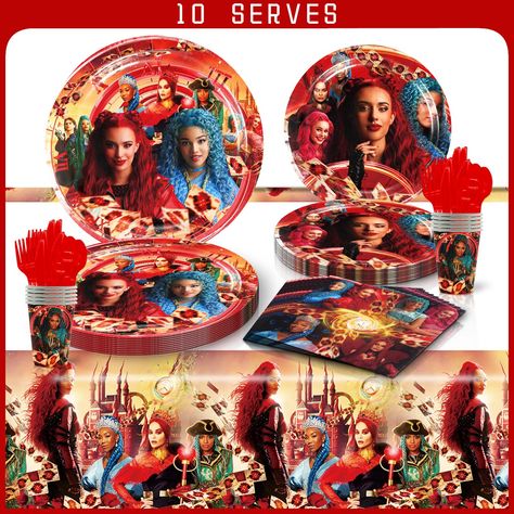 PRICES MAY VARY. Comprehensive Party Set: Includes plates, napkins, tablecloths, and plastic utensils for a complete Descendants-themed party experience. Vibrant Designs: Featuring colorful graphics and characters from the popular Descendants movies, perfect for fans of all ages. Durable Materials: Plates and utensils are made from sturdy paper, ensuring long-lasting use throughout the party. Convenient Pack: Contains enough supplies for multiple guests, making it an excellent choice for large g Descendants Rise Of Red Party Ideas, Rise Of Red Descendants Party, Descendants Birthday Party, Red Party Ideas, Party Plates And Napkins, Red Birthday Party, Descendants Party, Table Cloth Decorations, Red Tablecloth