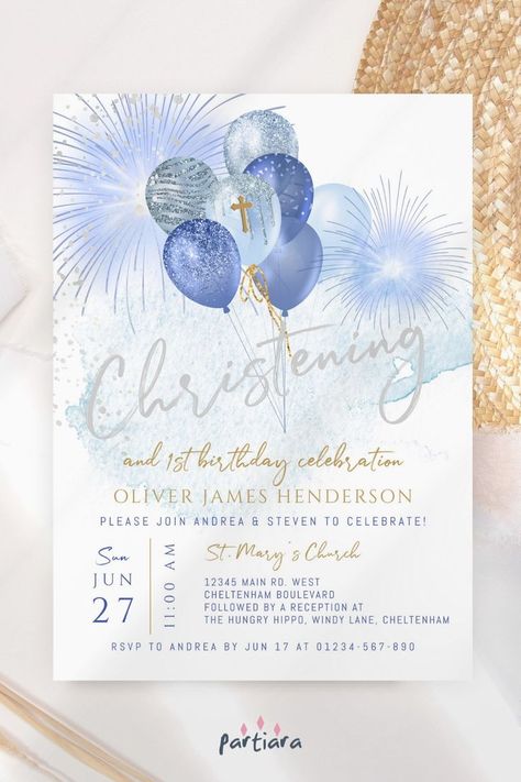 Self-editable 5x7" invite - follow the link for details and free demo! ♦ Easily edit online in your browser then download and print or send digitally ♦ An eye catching invitation with a pastel blue and silver theme - perfect for a patriotic celebration ♦ #boyschristeningideas #boyschristening #christeninginvitation #blueandsilvertheme #balloonsinvitation #bluechristening #patrioticparty #editableinvitation #printableinvite Christening Themes, Christening Invitations Boy, Blue Fireworks, Balloon Invitation, Baby Birthday Invitations, Christening Invitation, 1st Birthday Themes, Silver Theme, Boy Christening