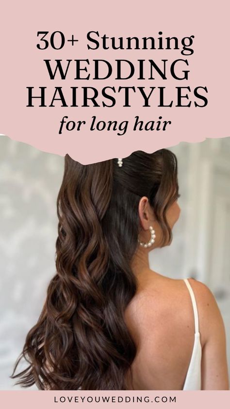 Discover the perfect elegant wedding hairstyles for long hair and find your perfect bride hairstyles! Whether you’re looking for long half up, updo, bun or down wedding hairstyle, we’re sharing long bride hair ideas for curly, straight, braids, blonde hair, and more. Click through for the best long wedding hair trends and wedding hair down. Bridal Hair Straight Long, Long Brown Bridal Hair, Long Wedding Hairstyles Down, Elegant Bride Hairstyles, Hair Ideas For Curly, Braids Blonde Hair, Bride Hair Ideas, Hair Long Wedding, Half Up Updo