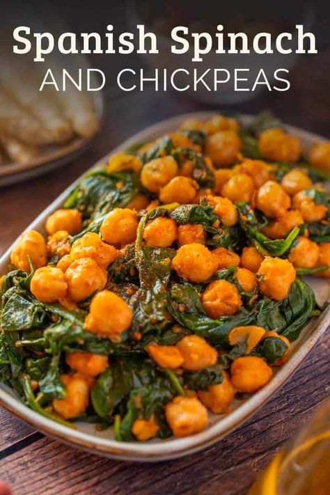 Spanish Spinach And Chickpeas, Chickpeas With Spinach, Spinach Chickpea Recipes, Plant Based Spinach Recipes, Sautéed Spinach Recipes, Mediterranean Spinach Recipes, Healthy Recipes With Chickpeas, Raw Spinach Recipes, Sauteed Chickpea Recipes