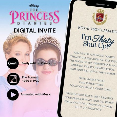 Princess Diaries Invitation, Mia Thermopolis, 25th Birthday Parties, Princess Diaries, Video Invitation, Digital Video, Messaging App, Princess Birthday, Get Excited