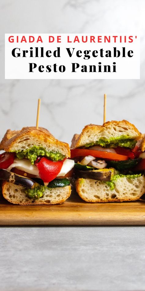 Image of grilled pesto sandwiches on baguettes sliced in half to show layered ingredients on top of a wooden cutting board. Grilled Veggies Sandwich, Grilled Vegetables Sandwich, Veggie Pesto Sandwich, Pesto Vegetarian Sandwich, Pesto Pairings, Grilled Vegetable Sandwich Recipes, Grilled Tofu Sandwich, Roasted Vegetable Sandwich, Tomato Baguette