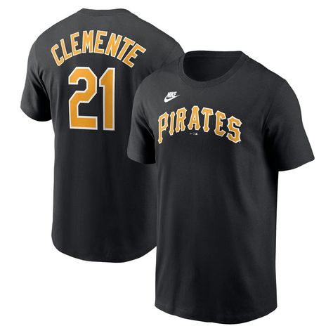 Support your favorite Pittsburgh Pirates player all season long with this Roberto Clemente Fuse Name and Number T-shirt. Made by Nike, it features the official team wordmark printed across the front and Roberto Clemente details on the back. Cotton fabric gives this Pittsburgh Pirates tee a traditional look and feel that's comfortable to wear any day. Material: 100% Cotton Officially licensed Short sleeve Crew neck Imported Screen print graphics Machine wash, tumble dry low Brand: Nike Roberto Clemente, Traditional Look, Resort Outfit, Pittsburgh Pirates, Print Graphic, Fitted Hats, Men's Nike, Tshirt Logo, Pittsburgh