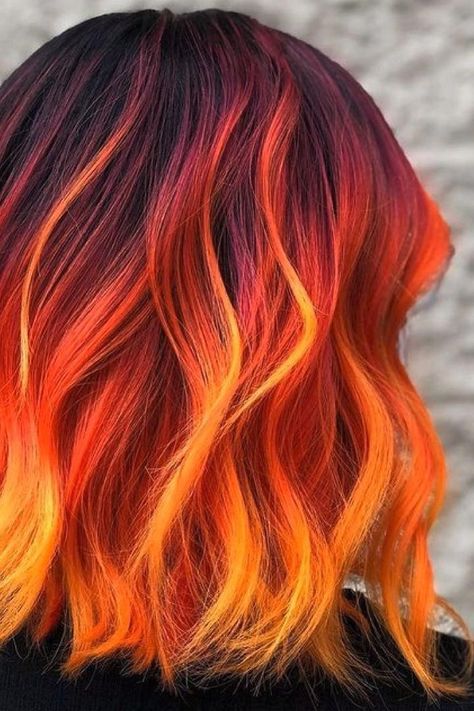 Color Meld Hair, Hair Color Ideas For Brunettes Red Ombre, High Fashion Hair Color, Creative Colour Hair Ideas, Fire Color Hair Ombre, Hair Colour Dye Ideas, Hair Color Ideas For Brunettes Orange, Sunset Hair Color Ombre Short, Desert Sunset Hair Color