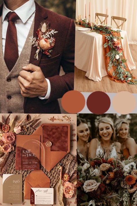 Rust Burgundy Pink Wedding, Brown And Orange Wedding Colors, Wedding Theme Ideas Orange, Fall Wedding Cabernet, Burnt Terracotta Wedding, Rusty Red Wedding Color Schemes, Wine And Rust Wedding Colors, Coral And Brown Wedding, Terrocata And Burgundy Wedding