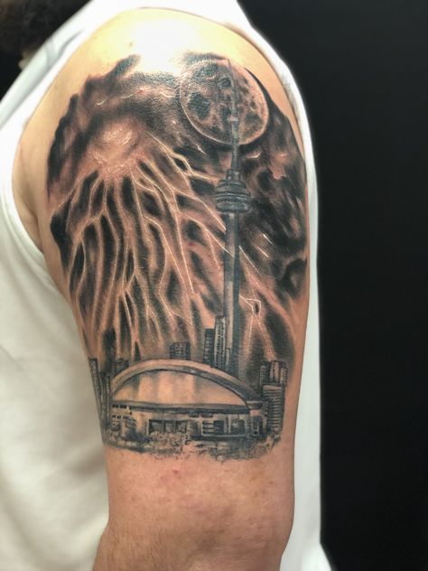 Toronto Skyline Tattoo In Progress! Toronto Skyline Tattoo, Cn Tower Tattoo, Tower Tattoo, Toronto Tattoo, Skyline Tattoo, Toronto Skyline, Toronto Raptors, Arm Sleeve, Cn Tower