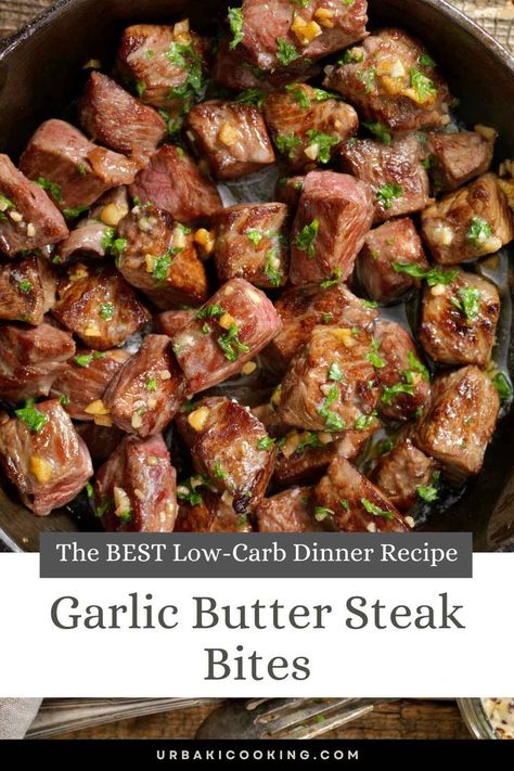 The BEST LowCarb Dinner Recipe – Garlic Butter Steak Bites – Urbaki Cooking #keto4life #nocarbs #ketomeal #ketobeginner #ketobeginner #ketogenic #weightloss #ketogirl #lowcarb Steak Low Carb Recipes, Keto Steak Recipes, Keto Steak Bites, Healthy Steak Recipes, Steak Lunch, Garlic Butter Steak Bites, Butter Steak Bites, Air Fryer Recipes Appetizers, Steak Bites Recipe