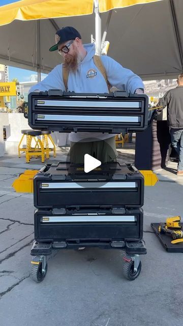 Murray Kruger on Instagram: "Now we are talking Dewalt!!!! • Super excited to see this ToughSystem 2.0 DXL • These are wider but still compatible with ToughSystem • Here I’m showing a service cart configuration. It consists of the 4 wheel dolly with with a 2 single deep drawers on top of each other and a dual drawer stacked on them the the worktop that had handles to make it a cart. • As you can see there is a lot of accessories to attach to it too • I’m telling you there is so much potential for this. They told me 2 side by side will fit across a truck bed. Its to much info for one post. I’ll show more on another. @dewalttough @dewalt_ca . . . #tools #construction #dewalt #dwtough #dewaltpartner" Dewalt Tough System 2.0 Mods, Dewalt Tough System Storage Ideas, Dewalt Tool Storage, Milwaukee Tool Box Ideas, Milwaukee Tool Box, Dewalt Tough System, Dewalt Tstak, Wheel Dollies, Dewalt Tools