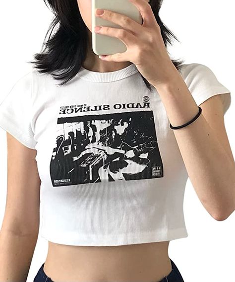 Meladyan Women Vintage Graphic Print Crop T-Shirt Top Gothic Grunge Fairy Short Sleeve Crewneck 90s Aesthetic Tee Classic White at Amazon Women’s Clothing store Crop Tee Shirt, Crop Top Design, Crop Top Aesthetic, Cute Letter, Bauchfreies Top, Cropped Graphic Tees, Cropped Tee Shirt, Crop Top Designs, T Shirt Crop Top