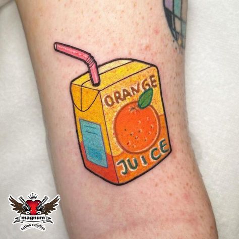 Orange Juice Box Tattoo, Juicebox Tattoo, Orange Juice Tattoo, Juice Box Tattoo, Box Tattoo, Juice Tattoo, Tattoo Reference, Juice Box, Juice Boxes