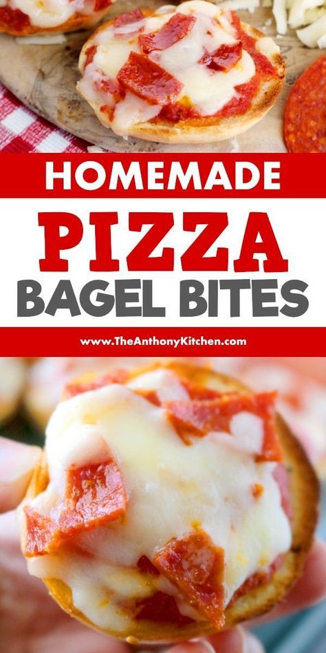 Make these homemade pizza bagel bites for the best game day snacks or for a kid-friendly dinner! They're freezer friendly and make ahead! Featuring mini bagels, pizza sauce, cheese and pepperoni! #gameday #footballfood #bagelbites #gamedaysnacks #appetizer Pizza Bagel Bites, Lunch Ideas For Home, Mini Bagel Pizza, Bagel Bites Recipe, Homemade Frozen Pizza, Pizza Bagel, Toaster Oven Recipes, Mini Bagels, Bagel Bites