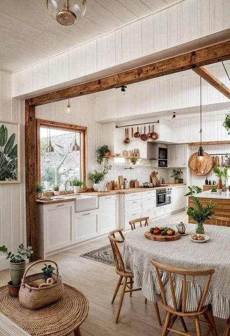 White Kitchen Decor, Farmhouse Kitchen Design, Kitchen And Dining Room, Boho Kitchen, Open Kitchen, Dream House Decor, Küchen Design, Dream Home Design, Country Kitchen