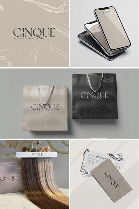 Claire Marie Designs - Cinque Hair Extensions Luxury Hair Product Packaging, Luxury Hair Extensions Packaging, Hair Extensions Instagram Feed, Luxury Hair Packaging, Luxury Brand Ideas, Luxury Salon Branding, Luxury Hair Branding, Hair Salon Mood Board, Hair Extension Packaging Ideas