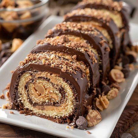 Peanut Butter Cup Cake Roll Peanut Butter Cup Roll Cake, Reeces Peanut Butter Cup Roll Cake, Peanut Butter Roll Cake, Hot Chocolate Cake Roll, Reese Peanut Butter Cup Roll Cake, Reese’s Peanut Butter Desserts, Peanut Butter Cupcake Roll, Peanut Butter Swiss Roll, Italian Cream Cake Roll